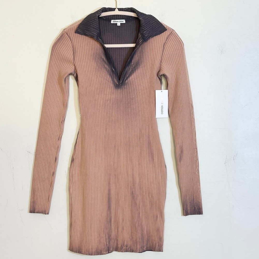 COTTON CITIZEN Ibiza Long Sleeve Collared Mini Dress Ombre Tan Grey Size S NWT